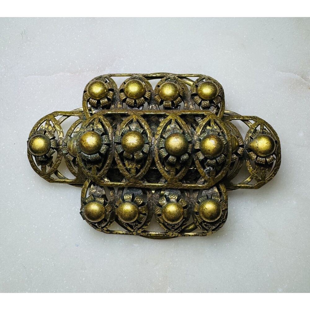 Vtg Antique Gold Tone Art  Nouveau Floral Gold Brooch Pin Large Rectangle Brooch